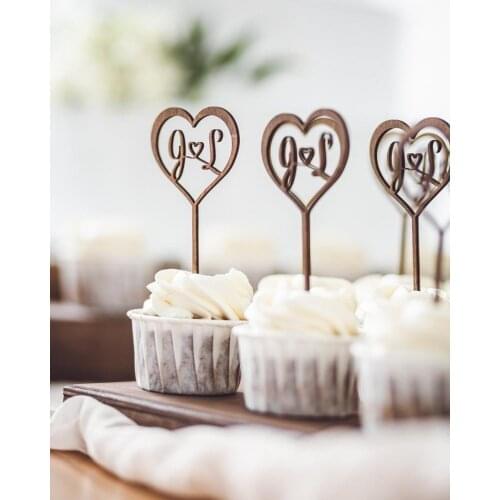 Personalized Wedding Cupcake Topper Wooden For Country, Outdor And Rustic Style Custom Wood Initial Cake Topper