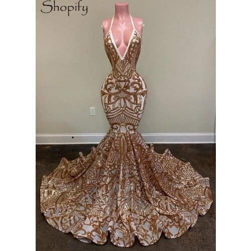 Sexy Long Mermaid Prom Dresses 2021 Halter Sleeveless Gold Sequin African Black Girls Backless Prom Party Gowns