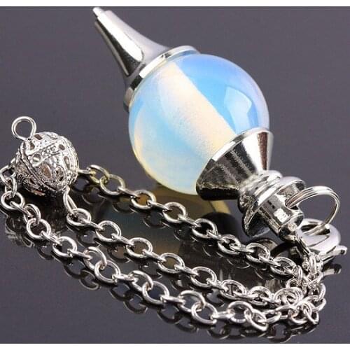 SUNYIK Milky Opalite Stone Ball Beaded Pendant Healing Dowsing Reiki Chakra Pointed Cone Pendulum 18KGP Chain