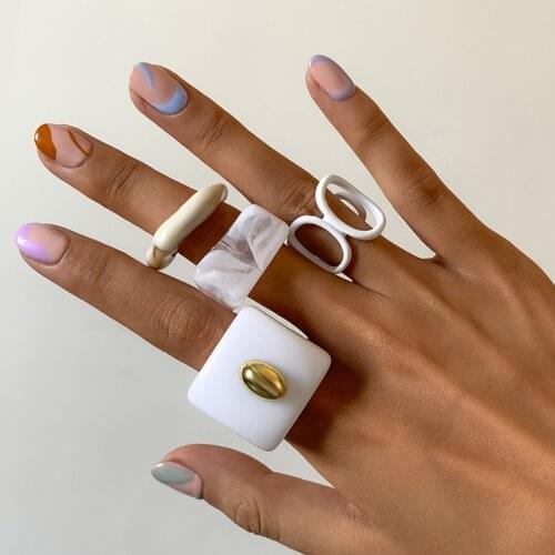 Y2K Jewelry 4pcs White Resin Beads Rings For Women Fashion Cute Vintage Charms Geometry Ring Set 90s Aesthetic Gifts New