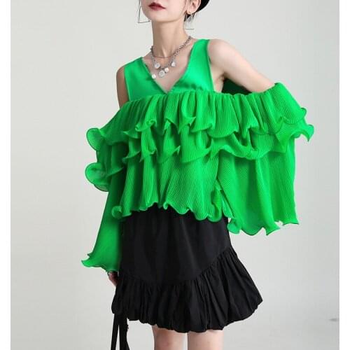 Women Green Ruffles Irregular Big Size Blouse New V-Neck Long Sleeve Loose Fit Shirt Fashion Spring Summer 2021 E939