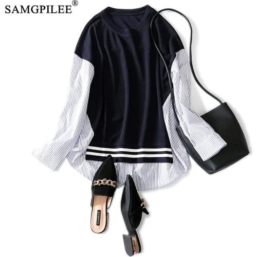 T Shirt Women 2021 New Casual Korean Woman T-shirty Damskie Broadcloth Full Sleeve Striped Oversize Womens Top Autumn Female 4XL