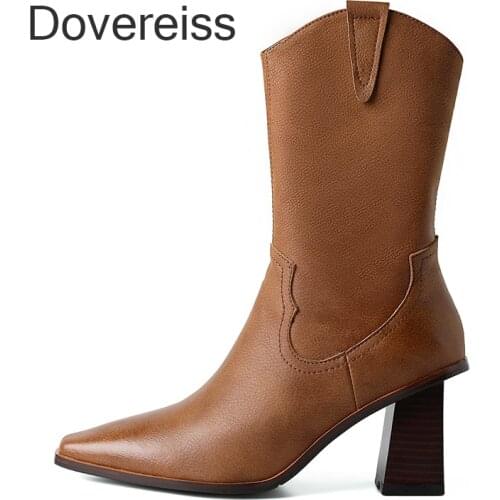 Dovereiss Fashion Boots Winter Sexy New Genuine Leather Zipper Square Toe Brown Female Ankle Boots Block Heels Size 33 40