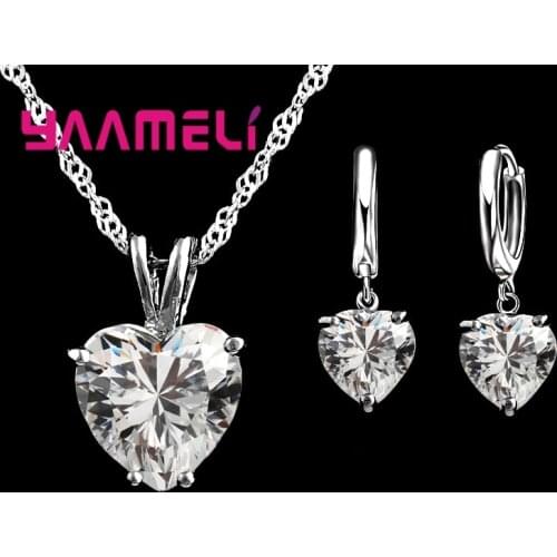 925 Sterling Silver Necklace Earrings Set Nature Simple Style Love Shape Sparkling Christmas Souvenir Gift For Women
