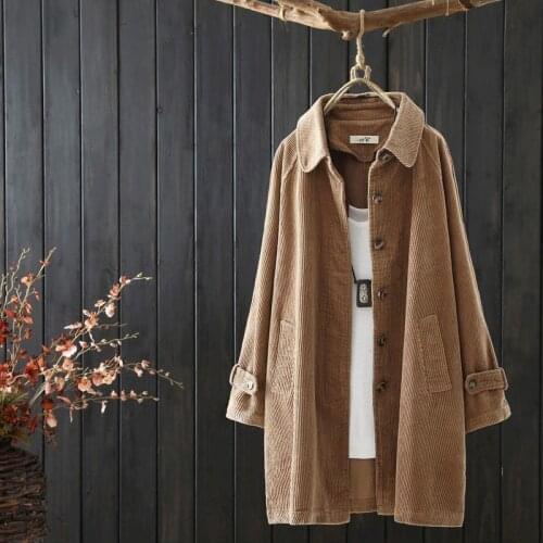 Fall 2021 new plus size corduroy long-sleeved womens mid-length loose corduroy retro literary cardigan jacket s576