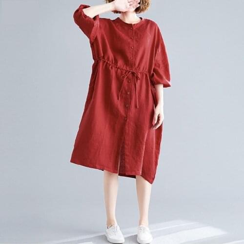 2020 Spring Solid Drawstring Dress Women summer New Plus Size Shirt Dresses Vintage Cotton Linen Long Cardigan Female vestidos