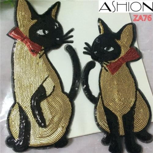 2 PCS sequins embroidery cat applique patch back glue Iron On clothing accessories patches ZA76
