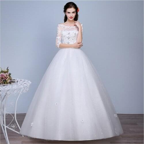 White Crystal Boat Neck Wedding Dress Half Sleeves Lace Up Appliques Plus Size Wedding Gowns for Women Vestidos De Novia G020