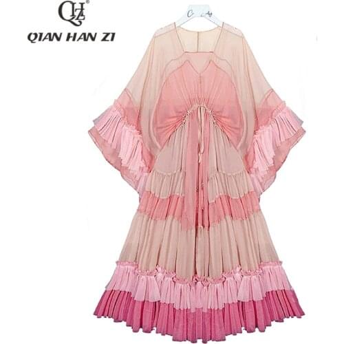 Qian Han Zi Fashion Designer Womens Dress Bat sleeve loose drawstring sweet lace ruffle dress