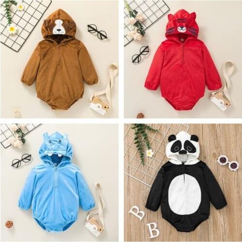Infant Baby Girls Boys Casual Long Sleeve Romper Cartoon Animal Embroidery Hooded Triangle Jumpsuits Spring Autumn