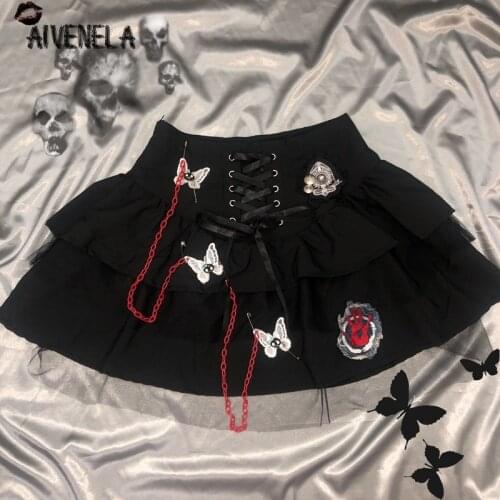 Harajuku Gothic Girls Skirt Y2K Punk Embroidery Butterfly Chain High Waist Lace-UP Mini Cake Skirts AFC1196
