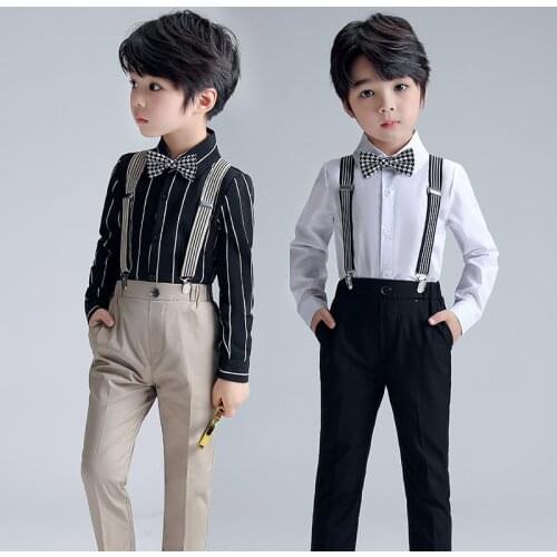 Summer Boys Clothes Formal Wear Gentleman Bow Tie Suspenders Trousers Shirt Four-piece Party Wedding Host Childrens Suit