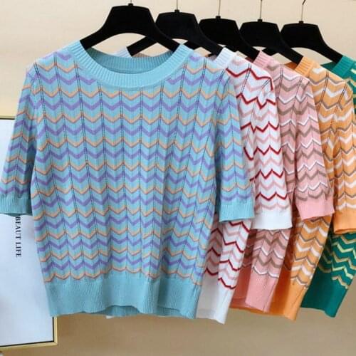 Fashion Wave Stripe Knitted T Shirt Women 2021 Summer Ice Silk Hallow Out Short Sleeve Tops Tees Female Contrast Color T-Shirt