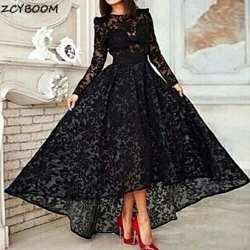 Long Sleeves Muslim Prom Dresses 2021 Black A-Line Evening Gown Women Lace Formal Party Night Elegant Graduation Robes De Soirée