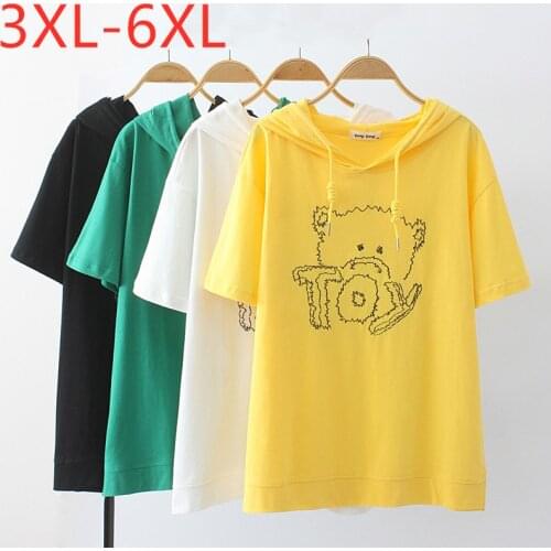 New Ladies Summer Plus Size Hoodie Tops For Women Large Short Sleeve Loose Cotton Yellow Print Cartoon T-shirt 3XL 4XL 5XL 6XL