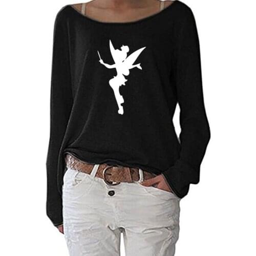 New Women Tinkerbell Fairy Silhouette Cartoon Women Long Sleeve Funny Autumn Tshirt Streetwear Women Casual Clothes