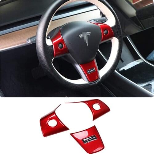 For Tesla Model 3 Steering Wheel Cover Trim, Glossy Red 3D Decoration Sticker Compatible with Model 3 2017 2018 2019