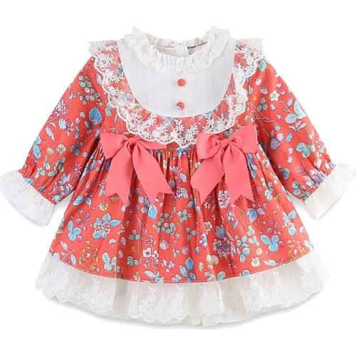 Autumn Spanish Kids Dress Print Princess Infant Easter Birthday Party Newborn Cute Bows Long-Sleeved Dress
