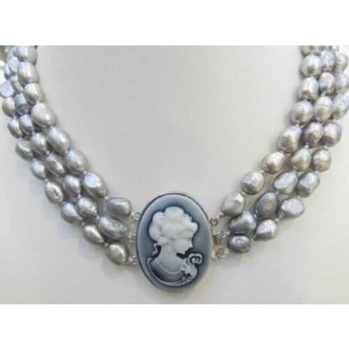 3 ROWS GRAY REAL CULTURED PEARL NECKLACE EMBOSSED QUEENS Factory Wholesale Price Women Gift Word Jewelry