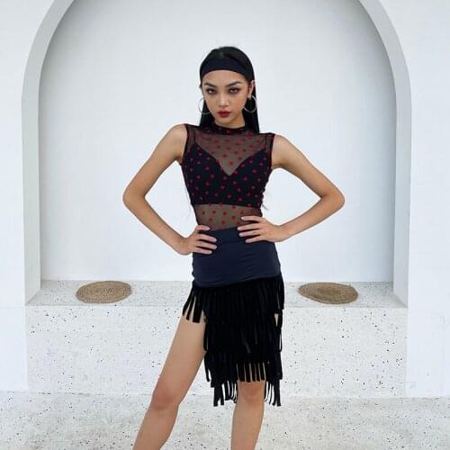 Sexy Perspective Sleeveless Tops Tassel Skirts Suit Latin Dance Performance Costumes Samba Latin Dance Competition Clothing