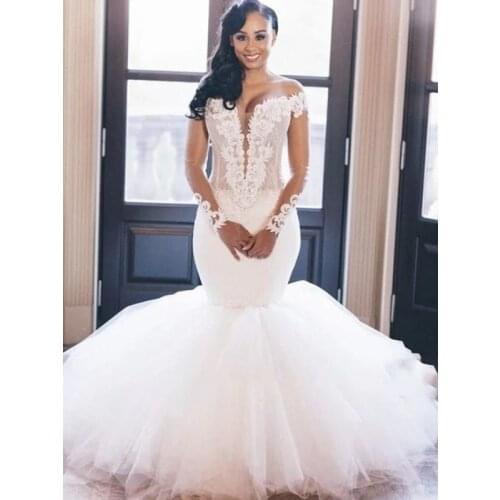 Trumpet/Mermaid Off-the-Shoulder Long Sleeves Applique Tulle Floor-Length Wedding Dresses Bridal Custom Made Bride Gown