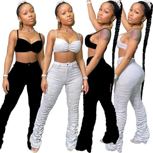 Adogirl Casual Solid Women Set Sexy Bra Crop Top And Flare Ruched Hem Long Pants With Pockets 2 Pieces Set Tracksuits Streetwear