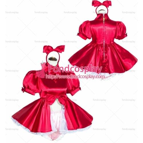 Fondcosplay adult sexy cross dressing sissy maid short French Lockable Red satin Dress Uniform open sex Tailor-made[G4034]