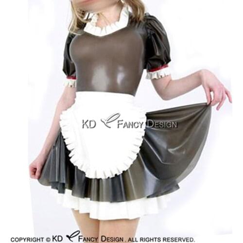 Sexy French Maid Latex Dress With Apron Zipper At Back And Red Bows Rubber Uniform Bodycon Playsuit LYQ-0138