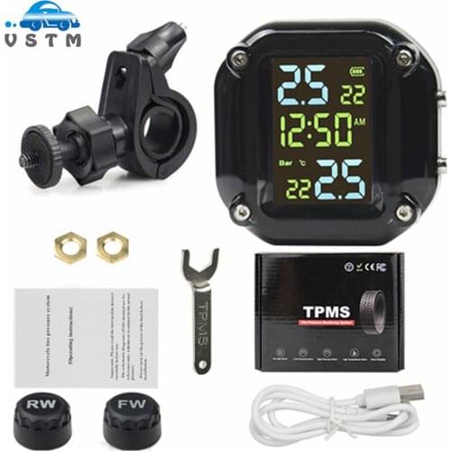 Motorcycle TPMS Sensor Motor Tire Pressure Temperature Monitoring Alarm System With 2 External Sensors LCD Display USB Charging