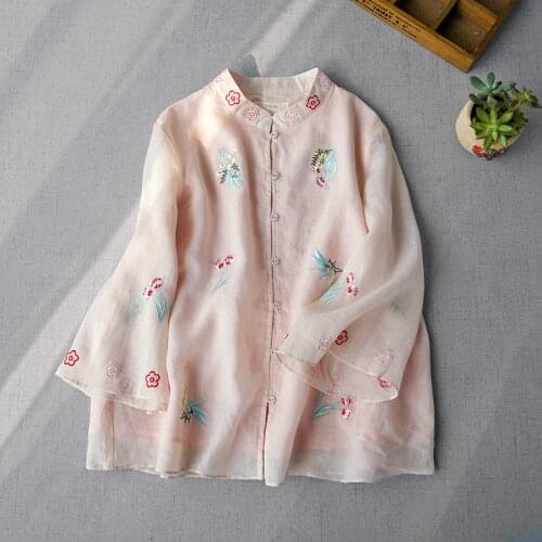 Ramie seven point trumpet sleeve exquisite color thread embroidered shirt spring and summer new top forest womens beautiful
