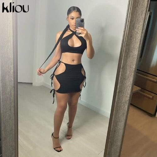 Kliou Bandage Cut Out Solid Two Piece Set Women Halter Crop Top And Bodycon Skirt Sexy Backless Party Clubwear Matching Sets