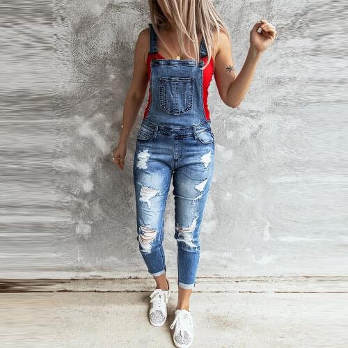Women Skinny Ripped Jeans Jumpsuit Fashion Sleeveless High Waist Stretch Denim Overalls Women Casual Pocket Suspender Bodysuits