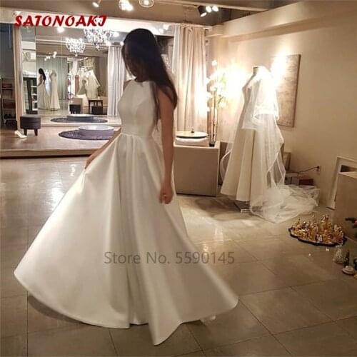 2020 New Elegant Floor Length Simple Wedding Dress O-Neck Sleeveless Satin Bridal Gown A-Line Vestido De Novia Online Shop India