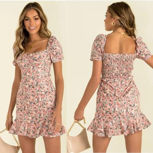 Summer Dress Women Clothing Short-Sleeved Square Neck Floral Print Slim Fishtail Mini Dresses For Women Vestidos Femme Robes