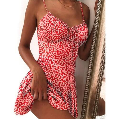 Women Spaghetti Strap V Neck Floral Mini Dress 2021 Summer Ladies Sleeveless Casual Slim Dress Bohemian Beach Dresses Sundress