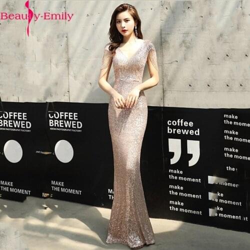 Sexy V Neck Sequins Mermaid Evening Dress with Sashes 2020 New Arrival Sleeveless Zipper Back Evening Gowns for Women Real Photo