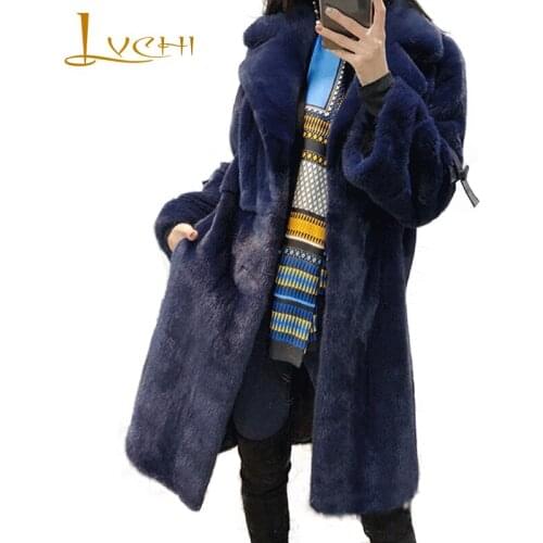 LVCHI Winter 2019 Velvet Real Mink Coat Womens Long Flare Sleeve Coats Wave Cut Causal Medium Turn-Down Collar Mink Fur Coats