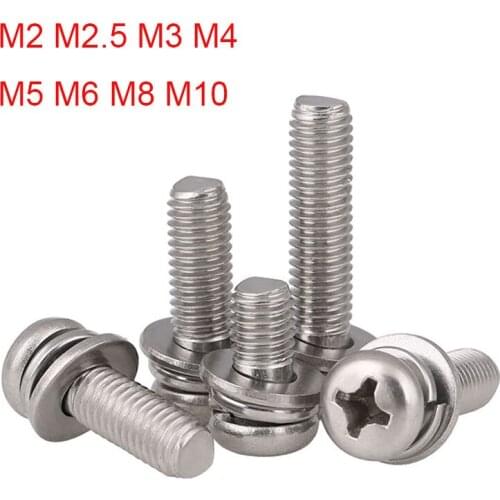 2-40Pcs M2 M2.5 M3 M4 M5 M6 M8 M10 304 Stainless Steel Round Head Three Combination Screws Phillips Pan Head Combination Screw