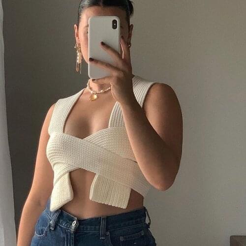 2021 Fall winter knitted crop tops Women sleeveless criss cross bandage camisole sweater Solid chic fashion top