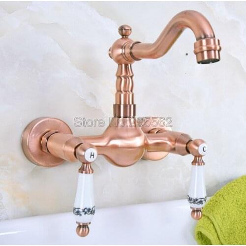Antique Red Copper Bathroom Kitchen Sink Faucet Mixer Tap Swivel Spout Wall Mounted Double Ceramics Handles Lnf950