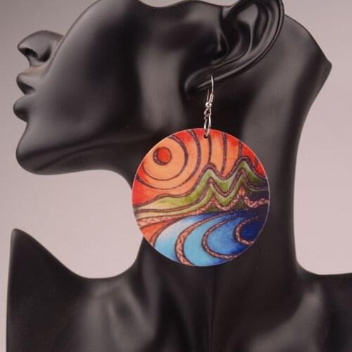 Rainbery Ethnic Round Wood Earrings Printed Printing Colorful African Style Pendant Earrings For Women Party