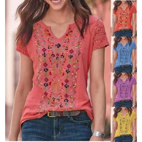 T-Shirts S-5XL V Neck Floral Printing Loose Blouse Women National Style Vintage Short Sleeve Tee Shirt Womens Summer Clothing