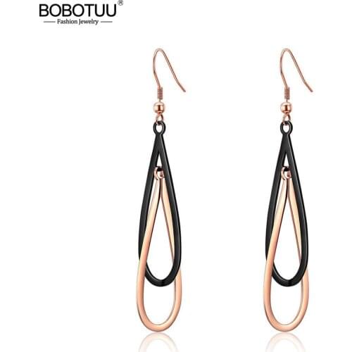 BOBOTUU Trendy Stainless Steel Love Double U Shape Dangle Earrings For Women Geometirc Rose Gold Earrings Xmas Gift BE17095