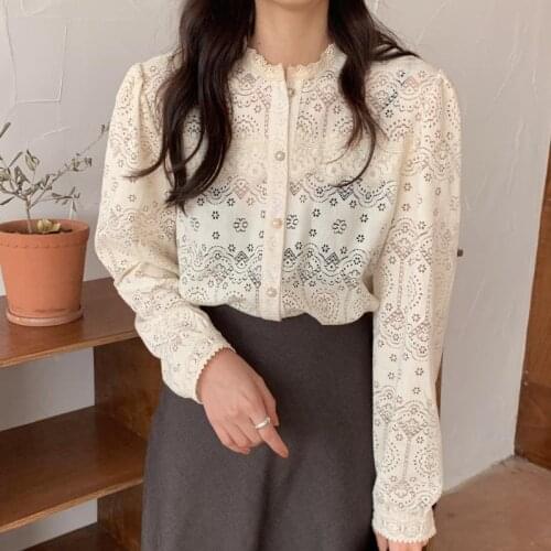 Obrix Lace Female Sweet Blouse Casual O-Neck Full Sleeve Preppy Style Korean Fashion Shirt For Women