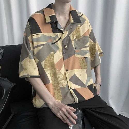 Summer Man Shirt Men Fashion Color Block Short Sleeves Turn-down Collar Men Loose Casual Top Shirt 2XL