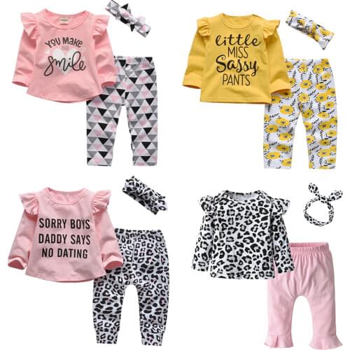 Cute Cotton Baby Girls Clothes Set Newborn Infant Letter Long Sleeve Tops and Casual Print Pants Headband Toddler Outfits