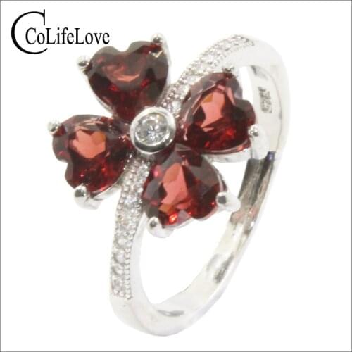Fashion Heart Silver Rings 4 Pcs Heart Shape Natural Garnet Real 925 Silver Ring for Woman Promotion 925 Silver Garnet Jewelry