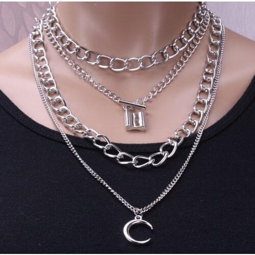 Fashion Multilayer Moon Lock Pendant Necklace for Women Boho Silver Style Aluminum Chain Goth Night Club Jewelry Collier