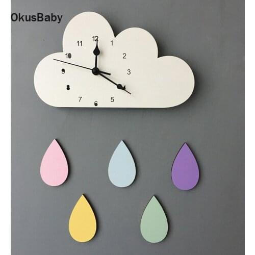 Cartoon Wood Wall Clock Watch reloj de pared Cloud and raindrop design large Home Decorative Clocks Europe Bedroom Living Room