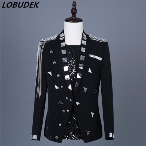 Mens New Silver Mirrors Chain Tassels Rivet Epaulet Blazer Lens Suit Jacket Rock Singer Host Stage Costume Fashion Black Coat